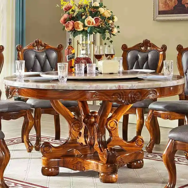 Classic European Style Dining Table 8 Seaters Chairs Luxury Marble Wooden Rotating Dining Table Set