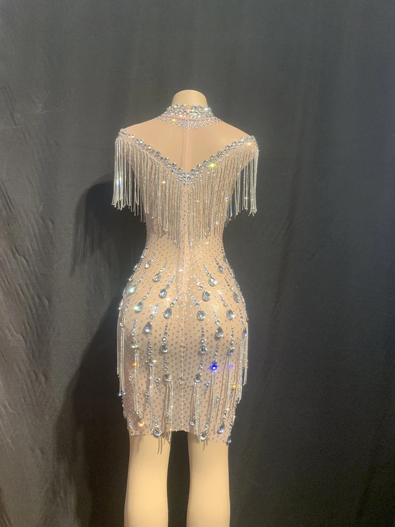 Luxury Evening Dresses party Women Sexy Custom Crystal Stone Tassel Dress See Through Mesh Dance Costumes With Diamond Chain