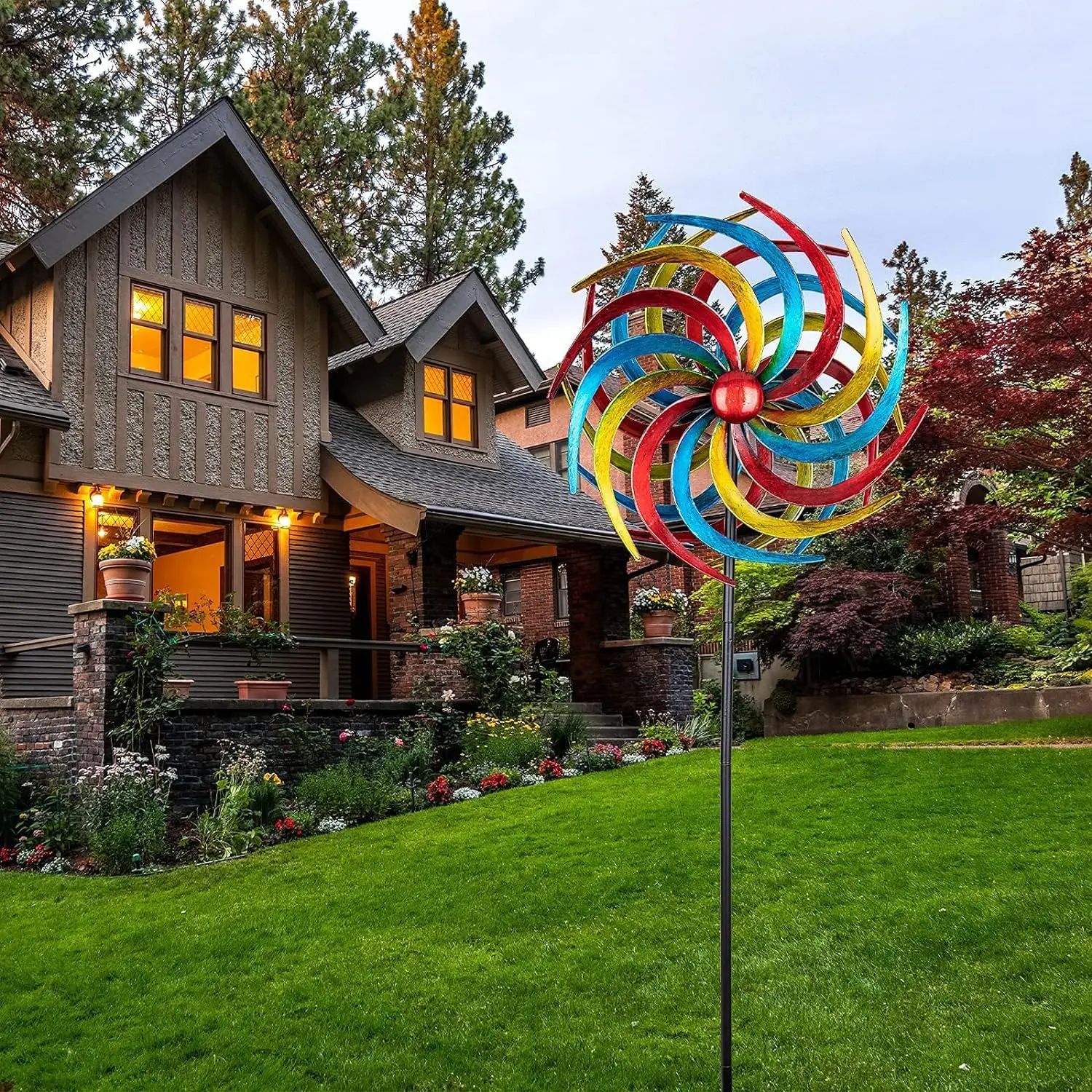 Wind wheel willow leaf colorful Kinetic sculpture Metal windmill with pilings garden courtyard outdoor mid-century modern decor