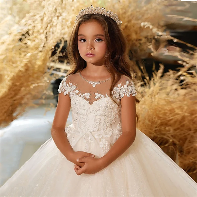 Top Quality Flower Girls Wedding Dresses Princess Lace Applique Floor Length Prom Gown Kids Formal Evening Dresses