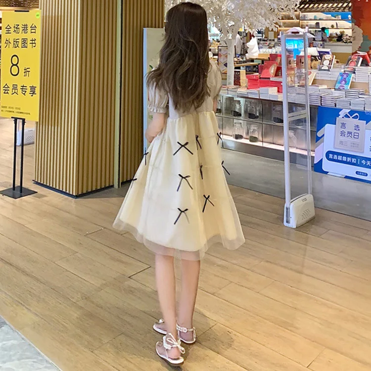 RTS maternity clothing summer print mesh bow puffed sleeve pregnant women dress