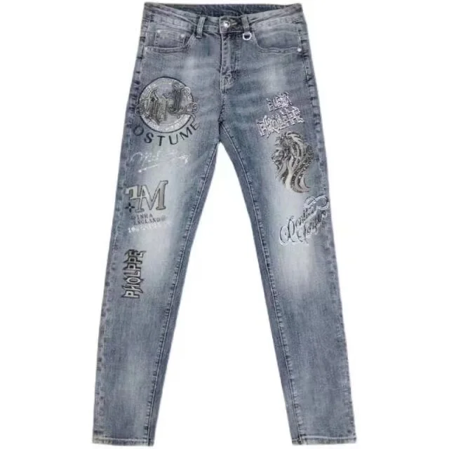 Fashion Printed Denim jeans with Rhinestone with heavy wash men Middle rise Straight Jeans