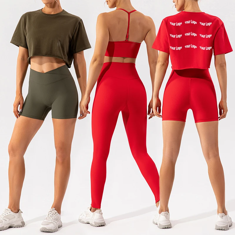 2023 Sexy Workout Thin Strap Bra V Cut Cross Waist Shorts Leggings Crop Top 5 Piece Gym Fitness Wear Yoga Suit Set For Women