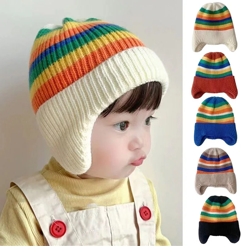 Factory Winter Newborn Baby Infant Toddler Cute Hat Beanie rainbow stripe warm cone knitted cotton wool plain hat Casual Hats