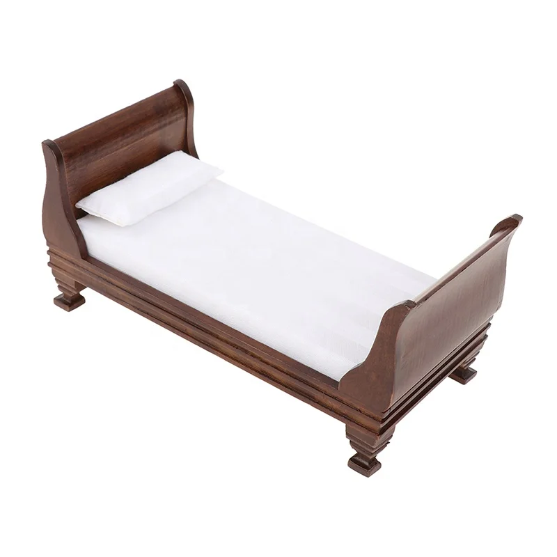 Dollhouse Miniature Wooden Single Bed Model Doll House Furniture Accessories