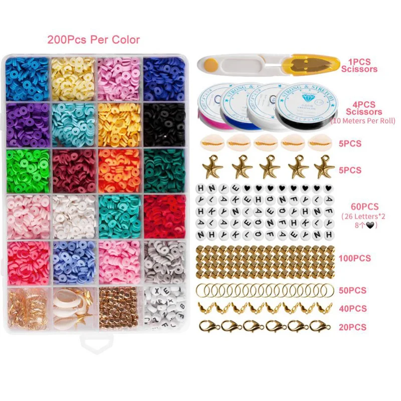 4000pcs Clay Bead Set 6mm 20 Colors Flat Round Polymer Clay Beads Kit For DIY Jewelry Making