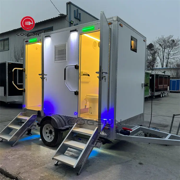 Cogsun Portable Toilet Bathroom Trailer Mobile Washroom Toilet Trailers White Restroom Trailer with Foldable Handrail