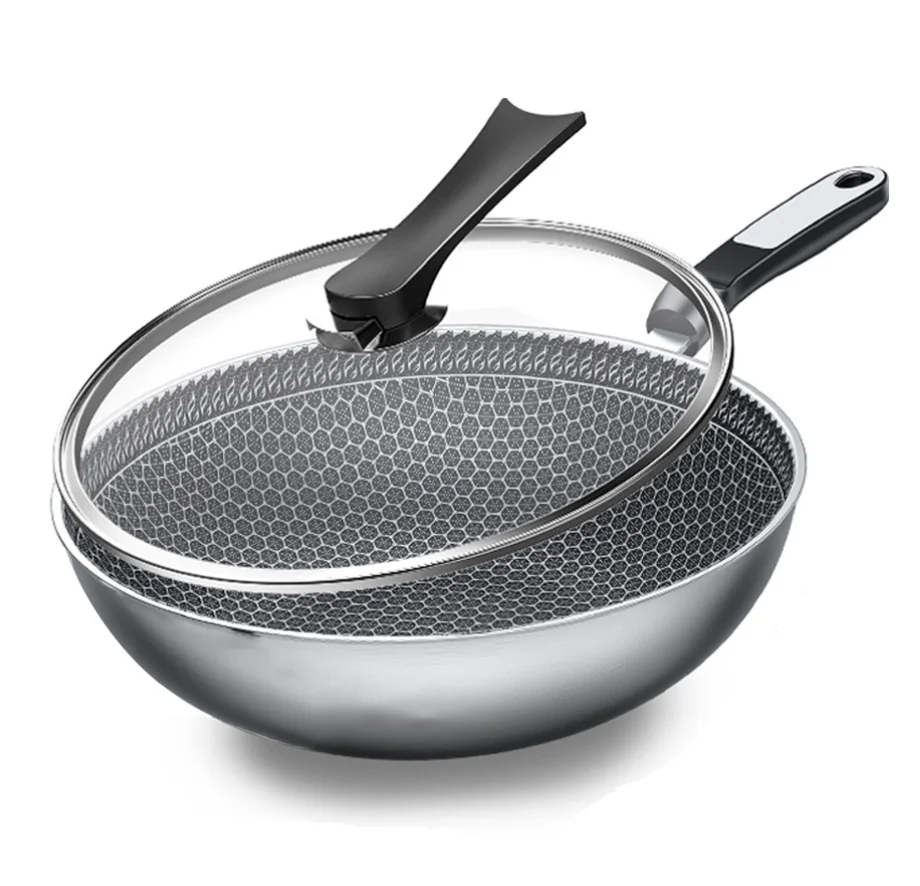 high quality Stainless Steel Less Smoke Three-Layer Steel Uncoated Non-Stick Cookware Kitchenware Frying Pan wok
