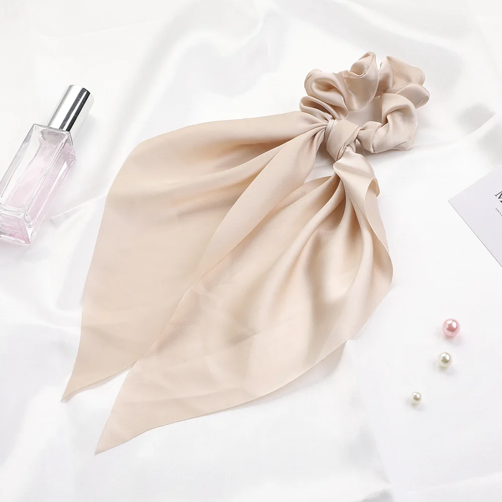 Wholesale New Style Hair Accessories Pure Color Long Ribbon Scarf Elastic Hair Bands For Women Cross Silk Satin Hair Scrunchies