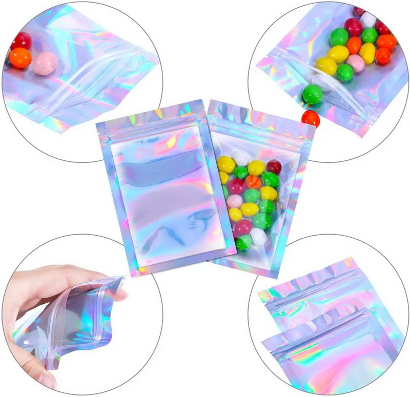 
custom resealable transparent cosmetic holographic packaging bag pouch/holographic zip lock bag self adhesive zipper bag 