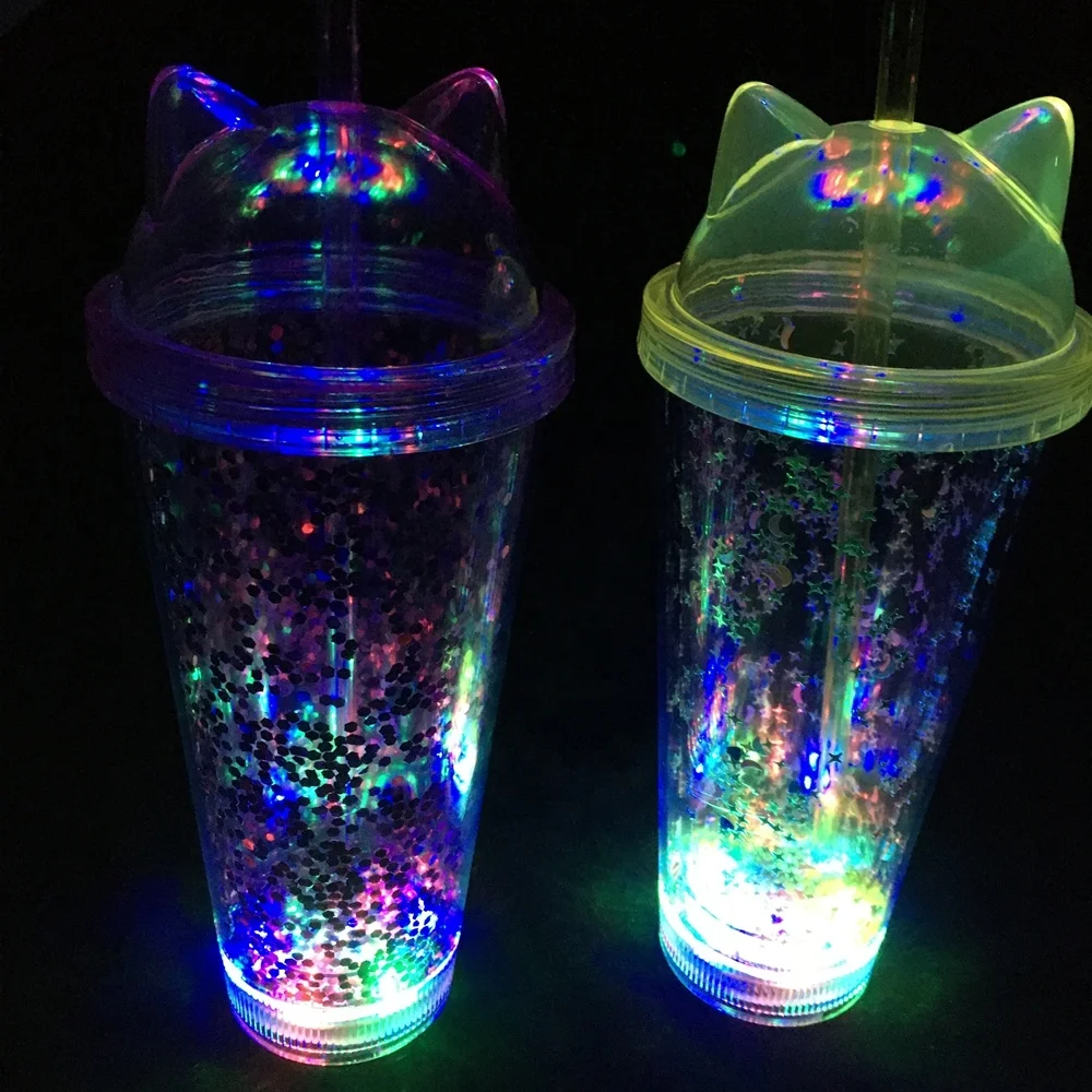 High Quality Hard Large Led Light Disposable Double Wall Plastic Cup With Lid and Straw