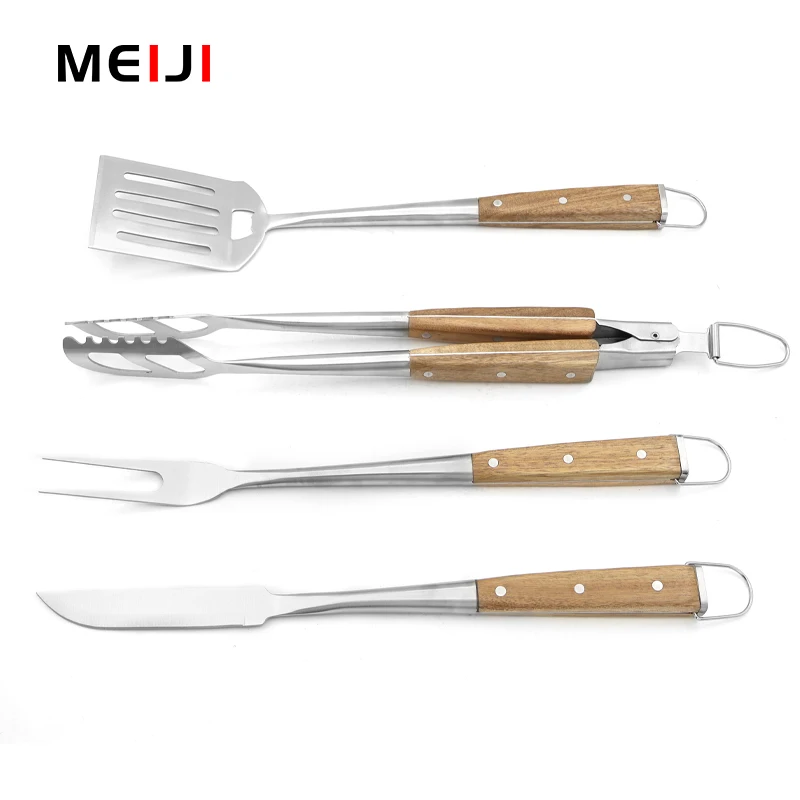 Deluxe 4pcs BBQ Set with Stainless Steel Function Part and Solid Wood Handle
