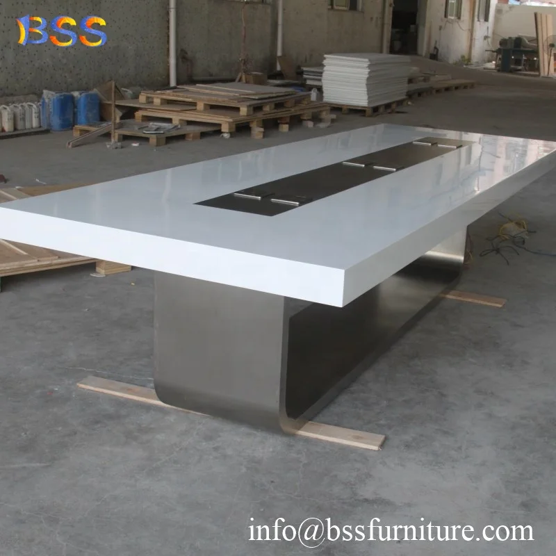 Prefab Boardroom Table Luxury Smart White Long Quartz Stone Corian Marble Top Office Modern Rectangular Shape Boardroom Table
