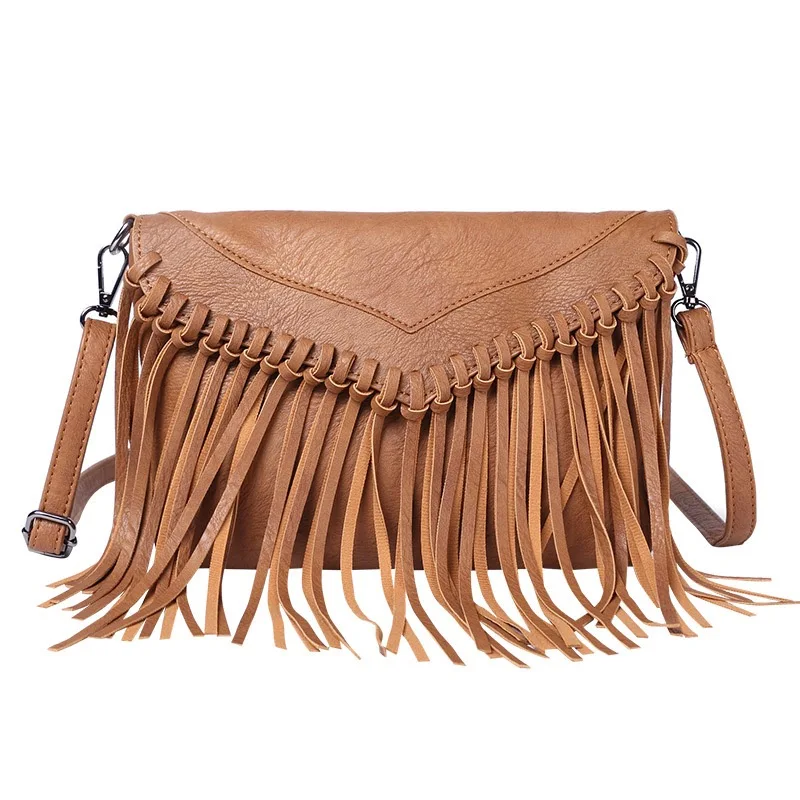 Vintage tassel sling shoulder bag women envelope purse vagen leather fringe bags