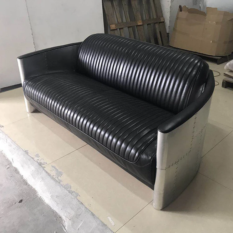 Factory Design Vintage Black Real Leather Aviator Sofa 3 Seaters Industrial Loft Sofa Furniture