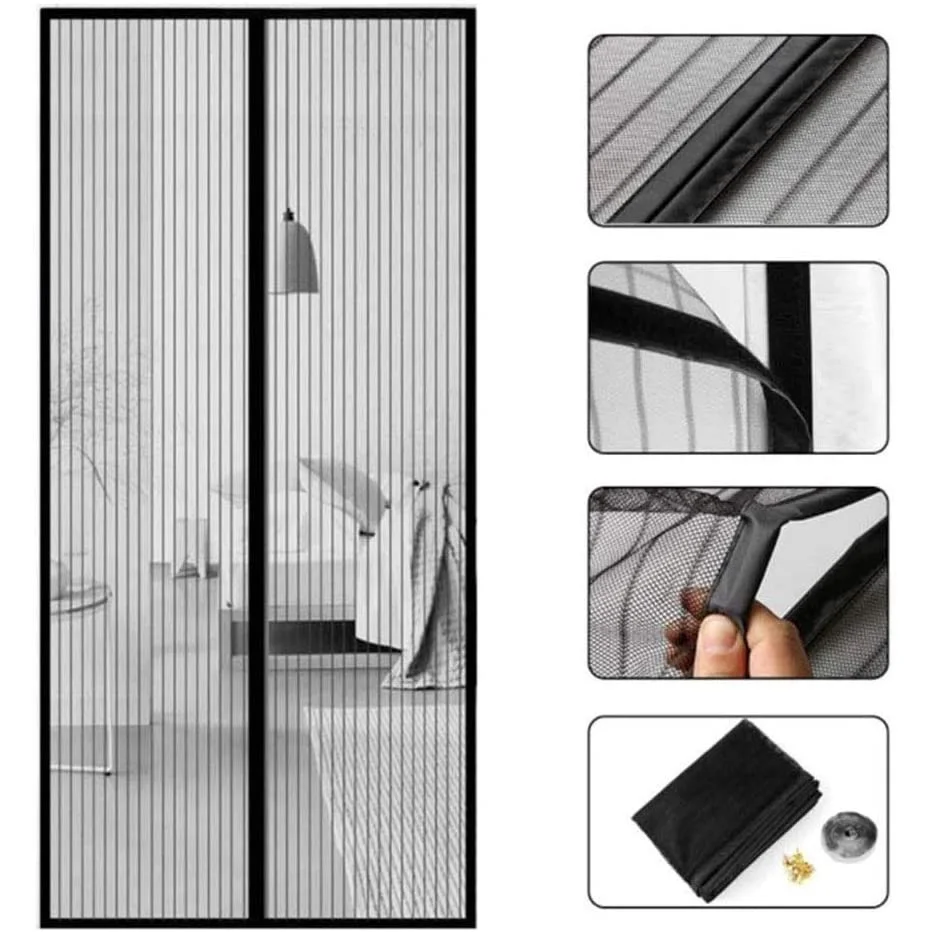 Wholesales Anti Mosquito Curtain Magnetic Tape Screen Black Fiberglass Soft Net Door Modern Apartment Hexagonal Home Doors Mesh