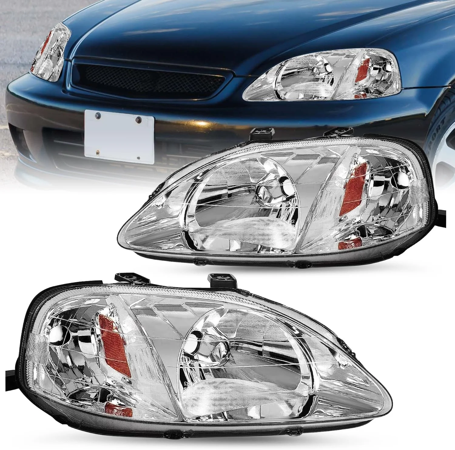 Wholesale Auto Parts Headlampsfor OE Style Headlight Assembly Chrome Clear Lens Headlamp for 1999-2000 Honda Civic Headlight