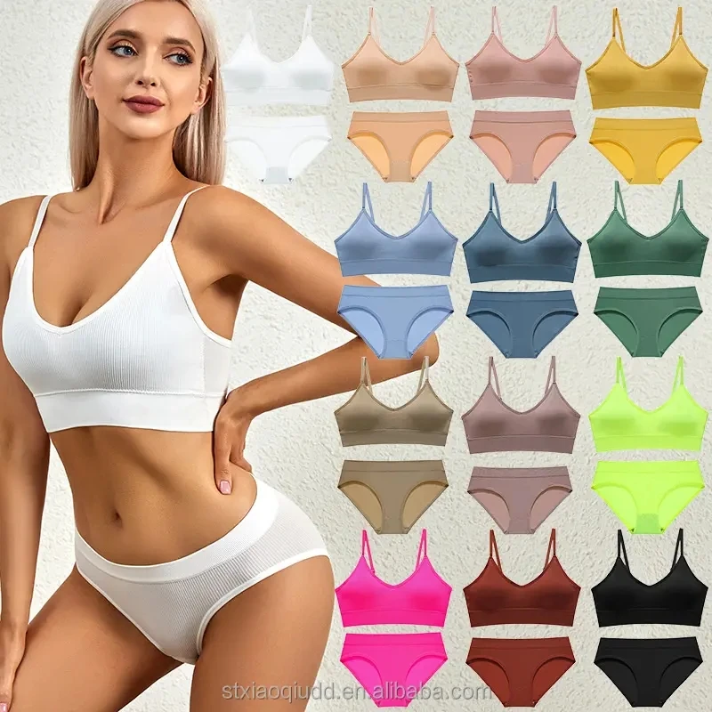 OEM ODM Custom logo size brassiere Chest Tucked seamless fitness crop top panties 2 piece U back women seamless tube top bra set