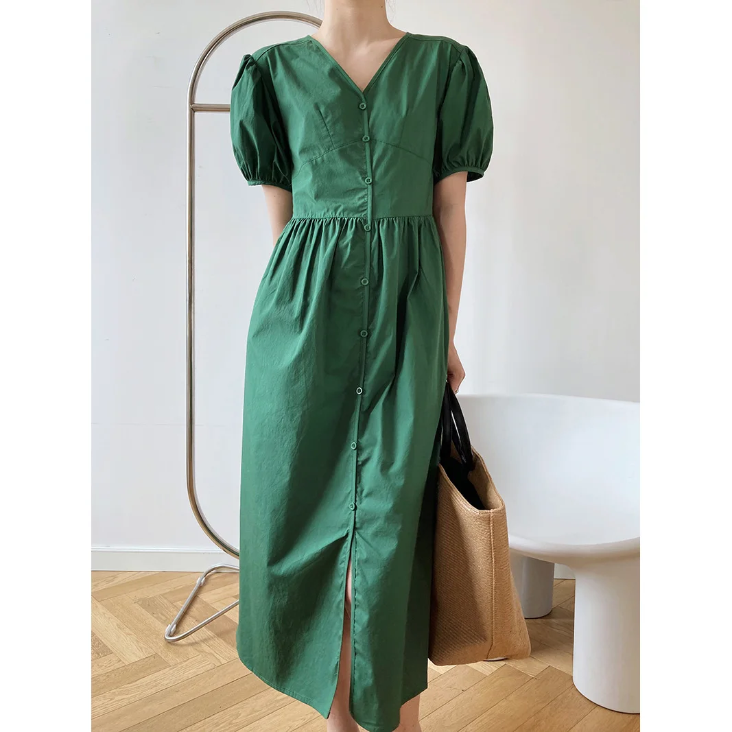 
2021 autumn designer women casual solid puff sleeve V neck lace up Chiffon vestidos maxi dresses 