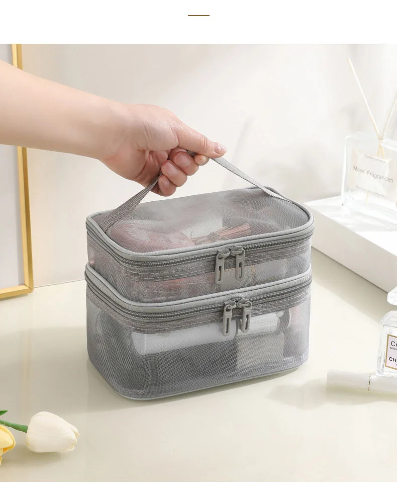 Wholesale Two Layer Grey Mesh Cosmetic Bags Toiletries Makeup Pouches Recycling Mesh Zipper Bag Nylon Mesh Bag Travel Pouch