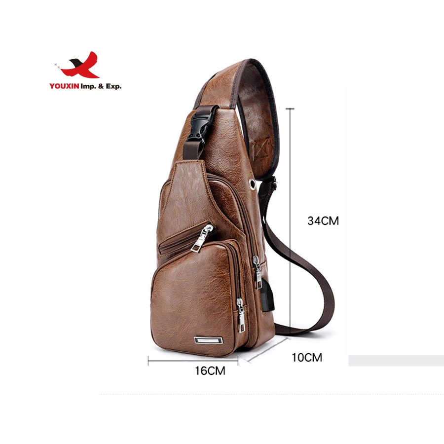 Men Sling Bag PU Leather Crossbody Backpack with USB Charging Port & Headphone Hole Chest Bag