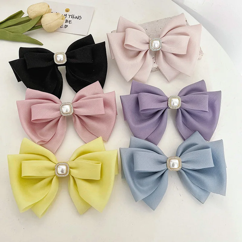 Fashion Hair Accessories Silk Satin Fabric Big Bow Hairgrip Women Ribbon Butterfly Spring Hair Clips with Pearl