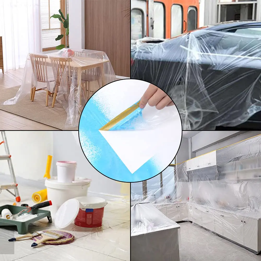 Portable Folded Over Spray Protective Pe Car Masking Film Dust Cover Plastic Film Barrier Paint Block Plastic Masking Film