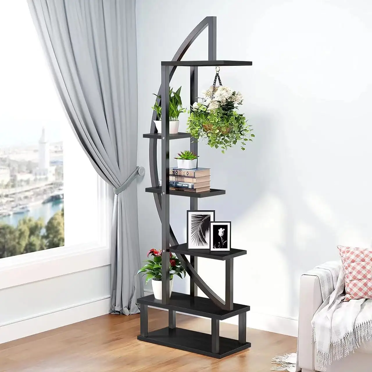 Round flower shelf living room modern floor-standing indoor balcony multi-layer craft storage rack half-moon flower pot rack