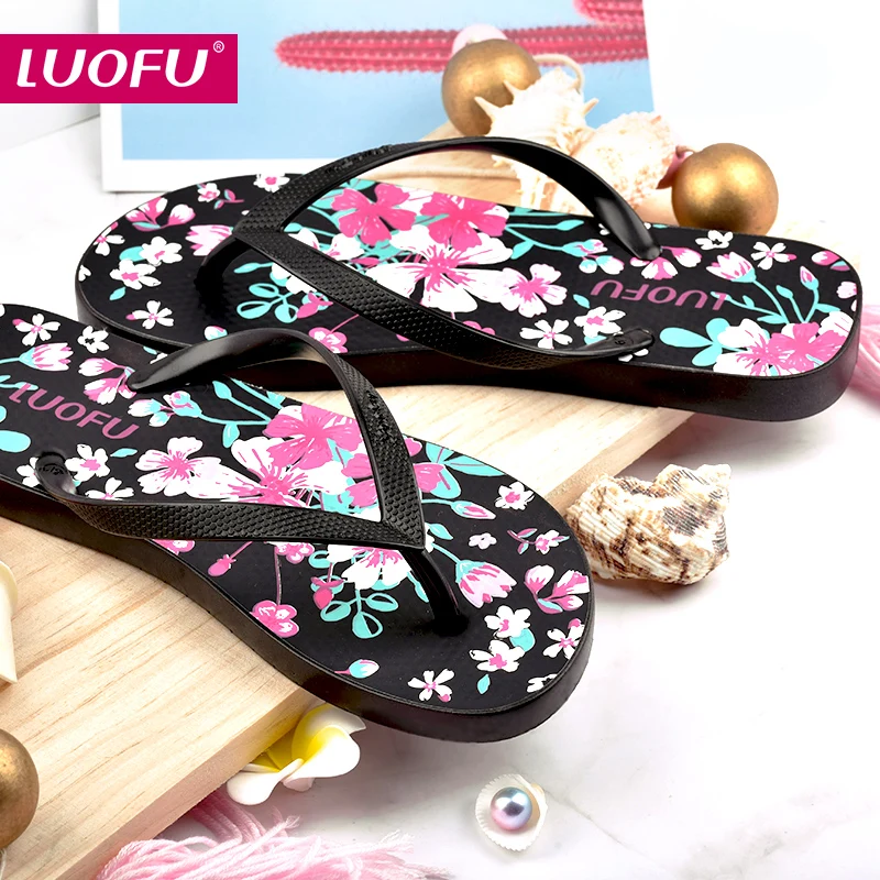 luofu PVC  flower print Outdoor Anti-slip Casual Quick Drying Pvc Comfortable Flat Flip Flops Slippers For Ladies