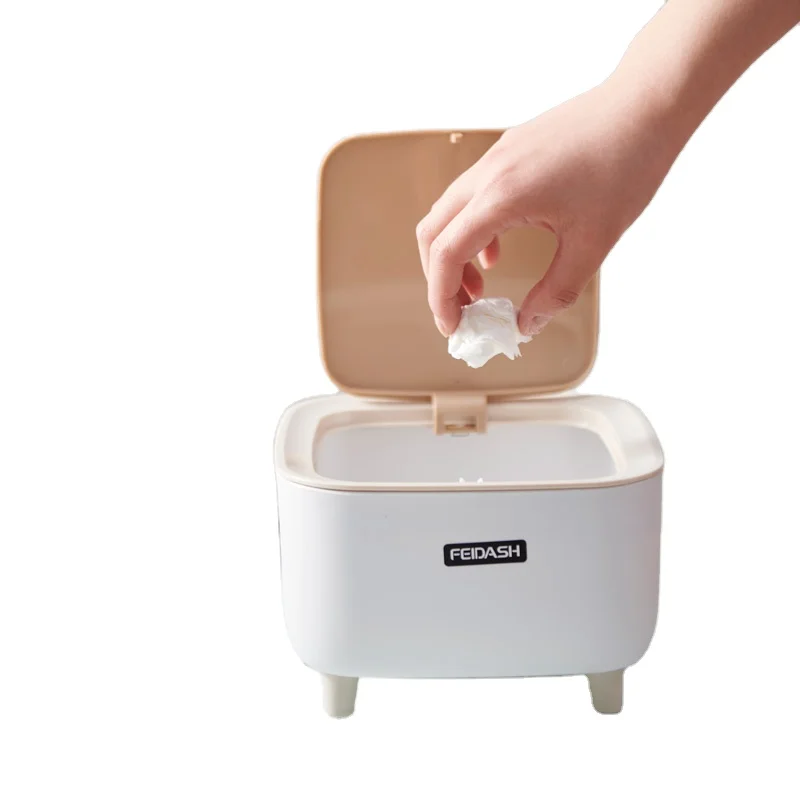 2L Mini Plastic Trash Can square waste bin table dustbin with press wooden texture lid four legs white