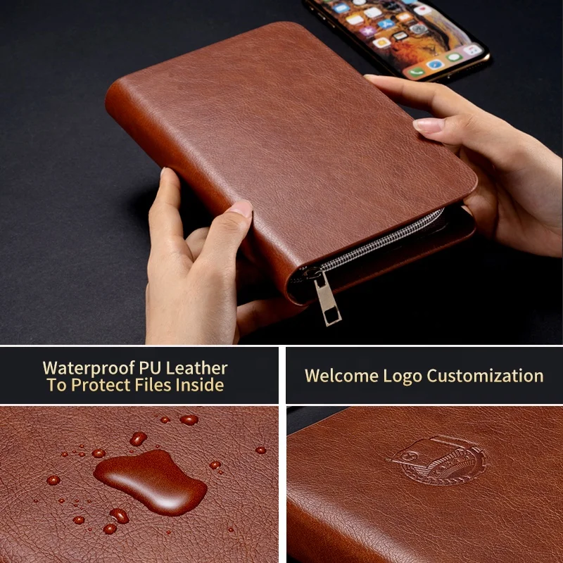 A6 Leather Organizer Journal Stationery Office Supply Business Leather Binder Zipper Portfolio Notebook A5 Folder