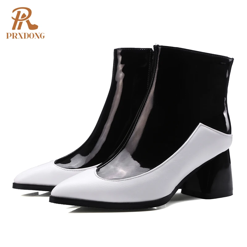 Boots Mixed Colors PU Leather Women Ankle Boots Pointed Toe High Thick Heels Platform Side Zipper Casual Concise Female Shoes 45