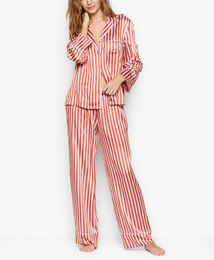 2022 Women Ladies Sexy Satin Silk Pajama Sets Long Sleeve Red And White Stripe Satin Sleepwear Women Nightwear Pyjamas
