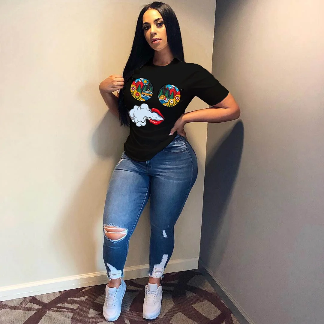 
Bunny BN-062 Red Lip Print Short Long Sleeve Woman Clothing T Shirt Women 