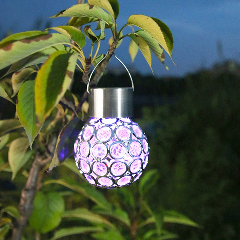 Solar Globe Hanging RGB Color Changeable LED Bulb Stainless Steel PVC Waterproof Tree Decorative Lamp for Garden Yard Flowerbed
