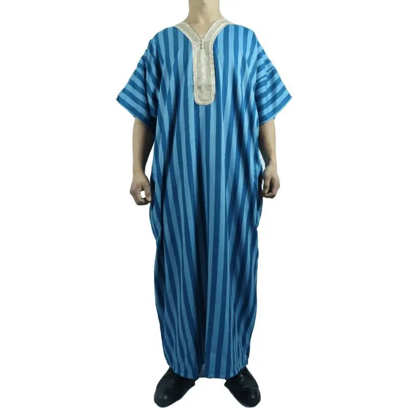 Hot Sales Embroidery Moroccan Muslim Robe African Men Clothing Arab Summer Short Sleeved Striped Thobe Cotton and Linen