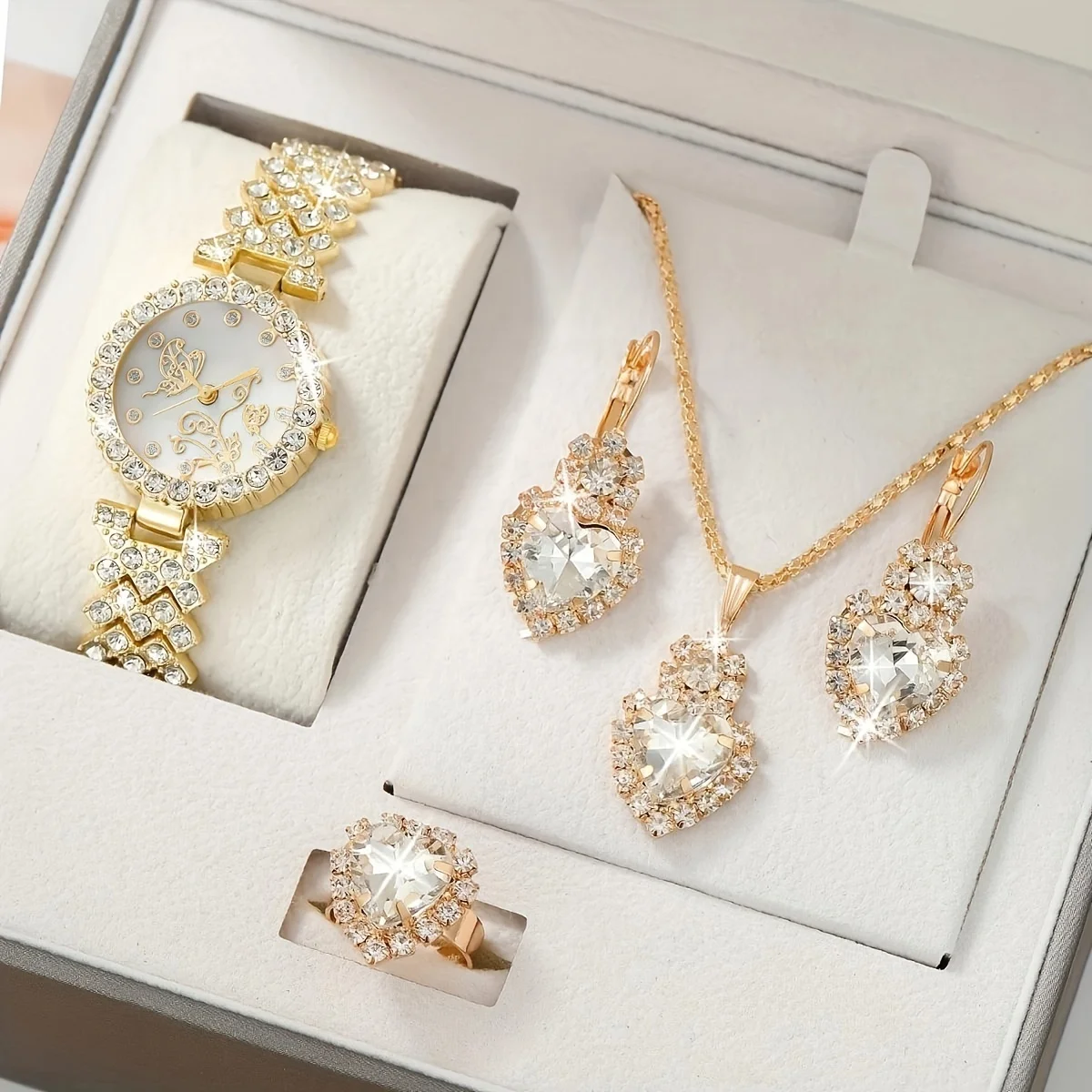 NW1415   Rhinestone Women  Stainless Quartz Watch Elegant Round Pointer Analog  Wristwatch & 4pcs Jewelry Set  Bracelet