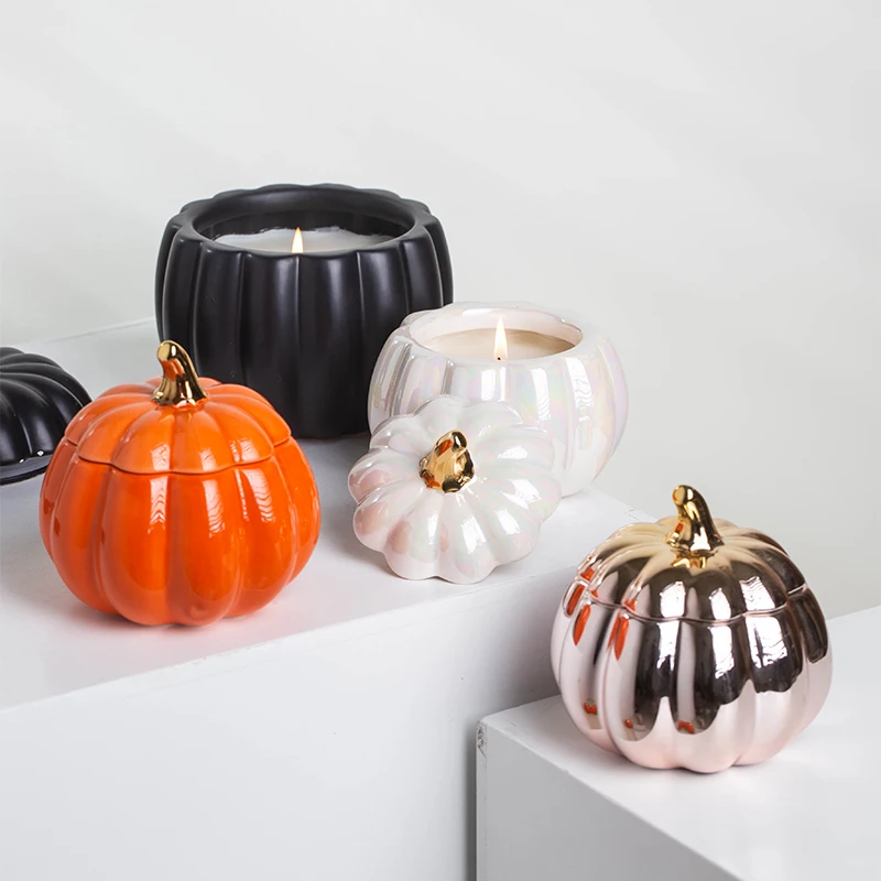 YUANWANG Custom Bougies Pumpkin Wholesale Candle Vessels Ceranic Empty Black Candle Jar With Lid