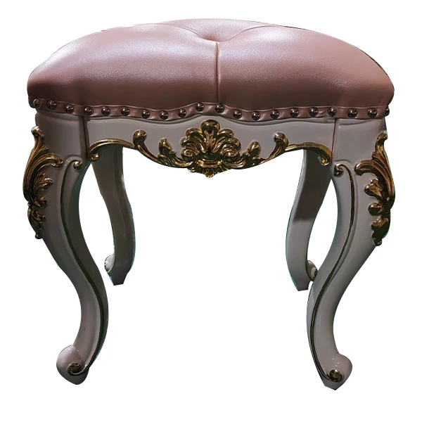 European luxury classical style wooden high stool set carved solid wood frame genuine leather bedroom furniture bed stool