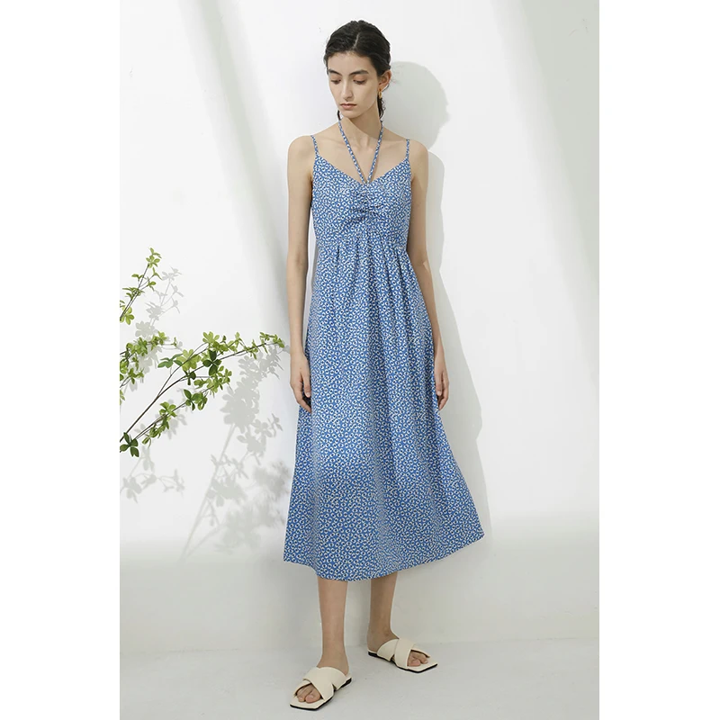 HISOKEY summer fresh small floral original V-neck tie high waist suspender long skirt vacation bohemian dress clothing