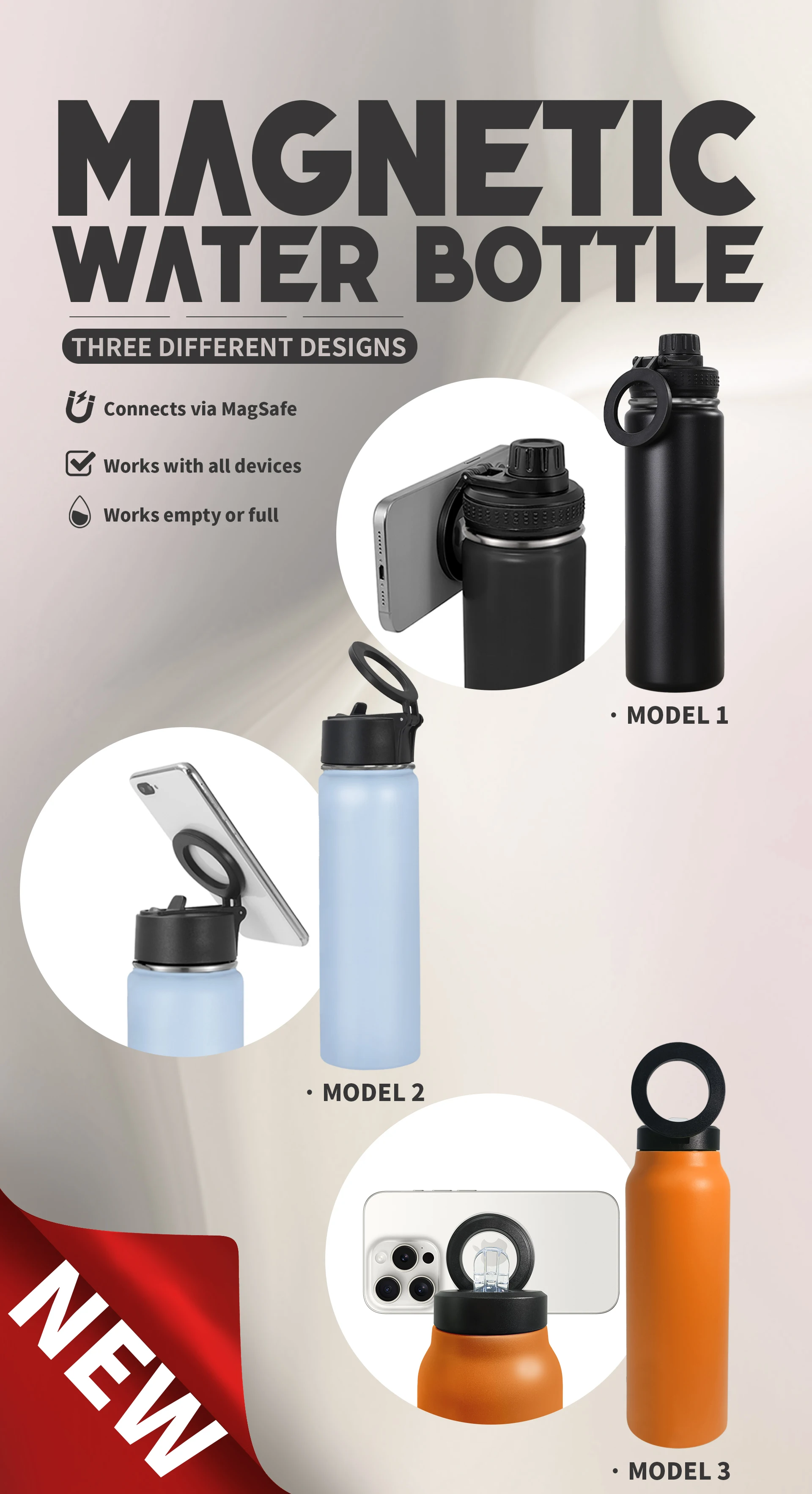 Doule wall Vacuum Insulated 304 stainless Steel Thermos Magnet Water Bottle with Magnetic Cell Phone Holder
