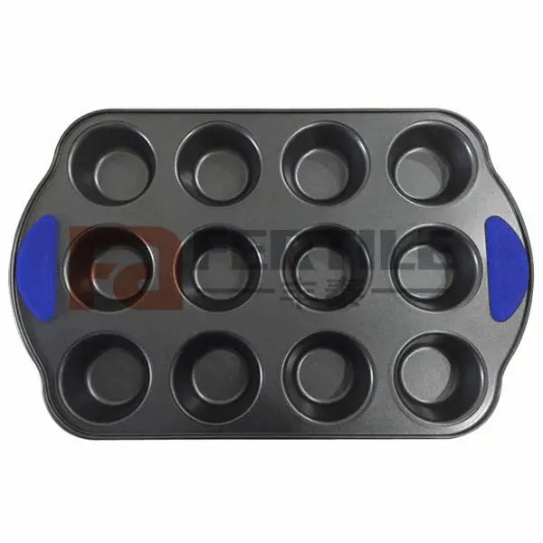 DK113409 12 hole cup-shaped baking pan with semicircle silica gel handle and non stick carbon steel round baking cake mold