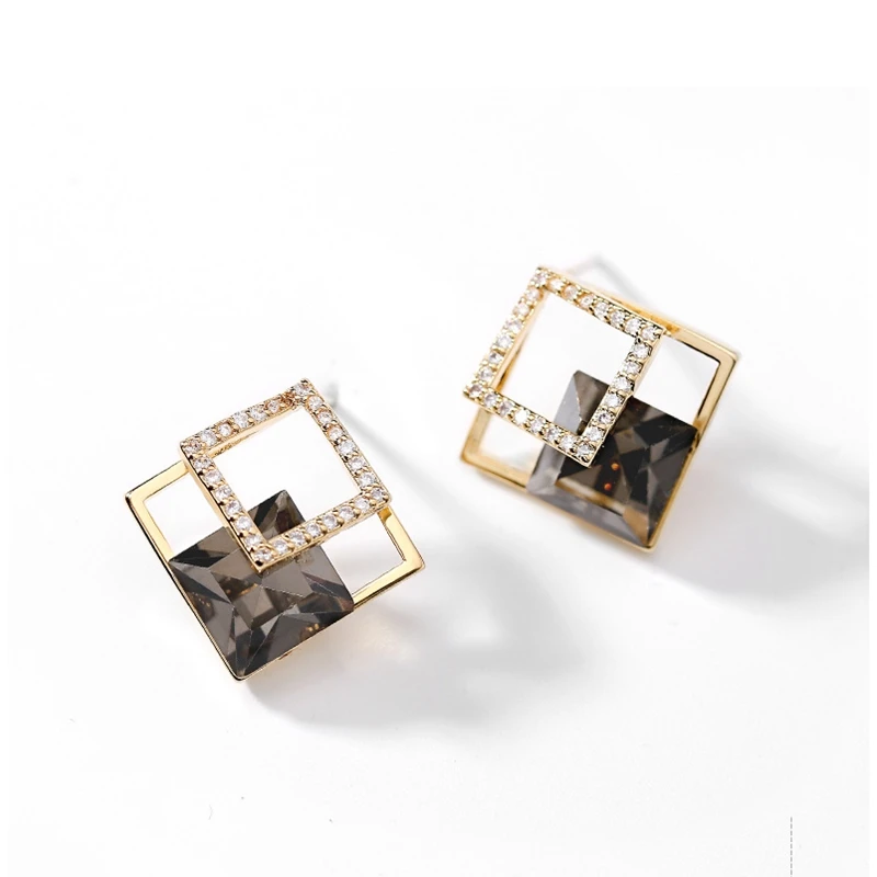 Luxury Fashion Geometric Rhombus Zircon Diamond Champagne Gold Grey Color Stud Earrings