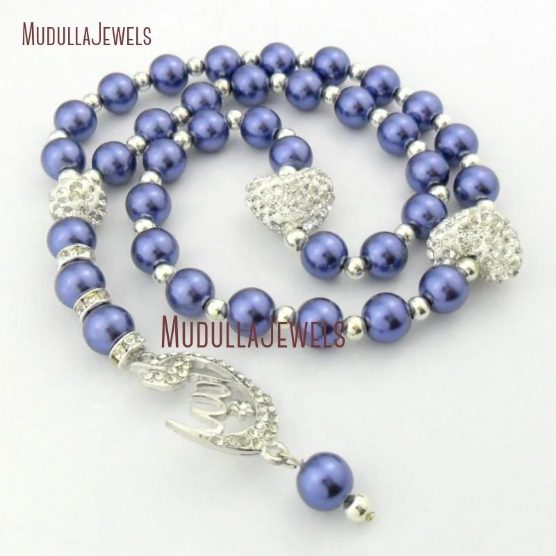 MU14423 Eid Gift Allah Mohammed Rosary Dark Blue Pearl Worry Beads Silver Heart Allah Islamic Prayer Beads Tasbeeh Muslim Tasbih