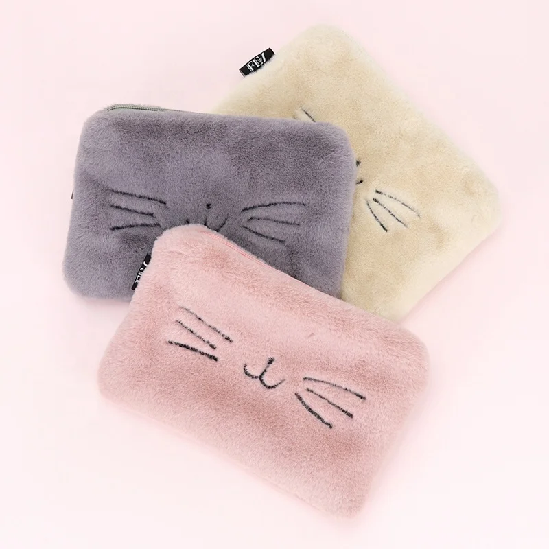 OEM/ODM Travel Embroidery Pattern Plush Fluffy Customized Cute Pattern Cosmetic Bag With Zipper