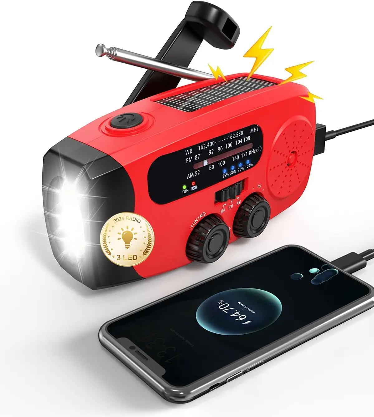Emergency Hand Crank AM/FM/NOAA Portable Weather Radio with Flashlight Power Bank Phone Charger and Solar Power