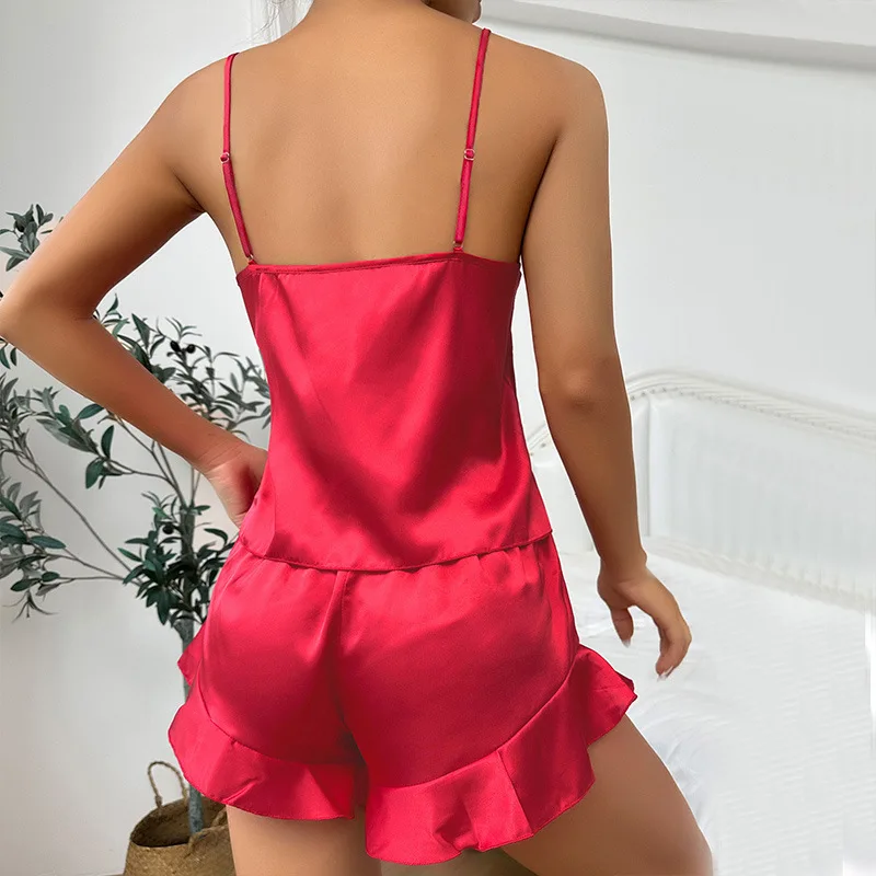 High Quality 3 Piece Satin Pajama Set Solid Pattern Sleepwear Camisole Set