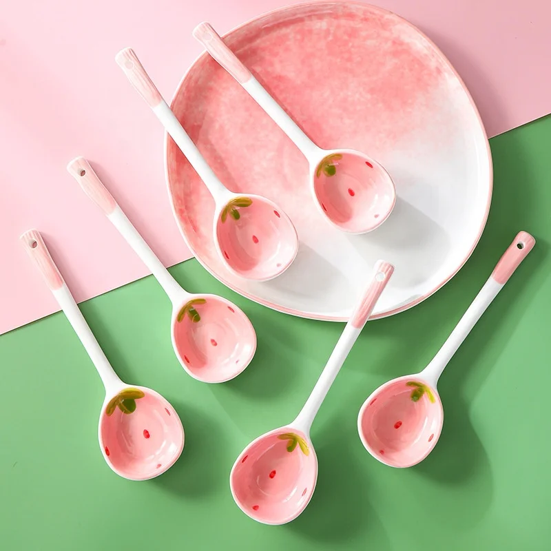 pink lovely cute strawberry coffee spoon long handle tea dessert ice cream ceramic spoons