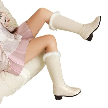 Customized Luxury japan Korea  Woman Winter White Knee High Boots  Ladies Long Boots Knee High Female Snow fur boots women shoes