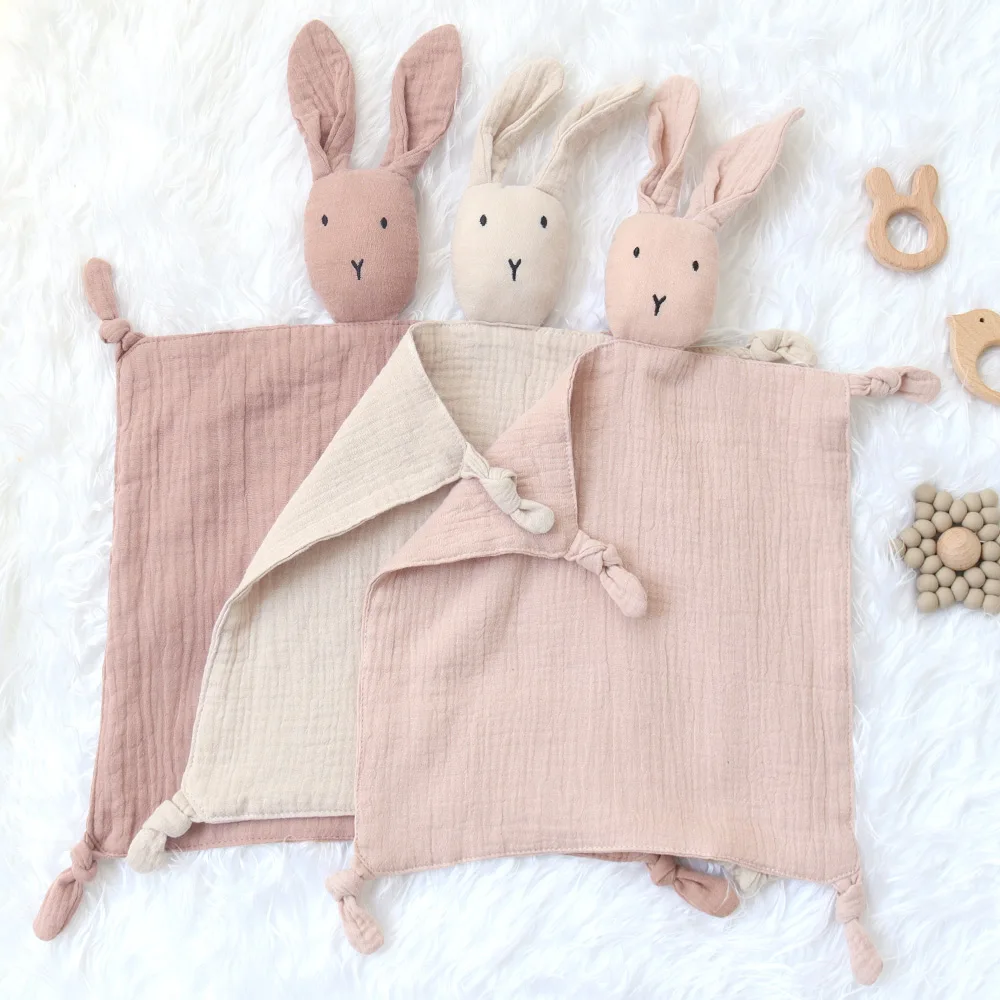 20232 New 100% cotton Gauze Ins Hot Sale Rabbit Bunny Head Toy Baby Lovey Baby Comforter Muslin Security Blanket
